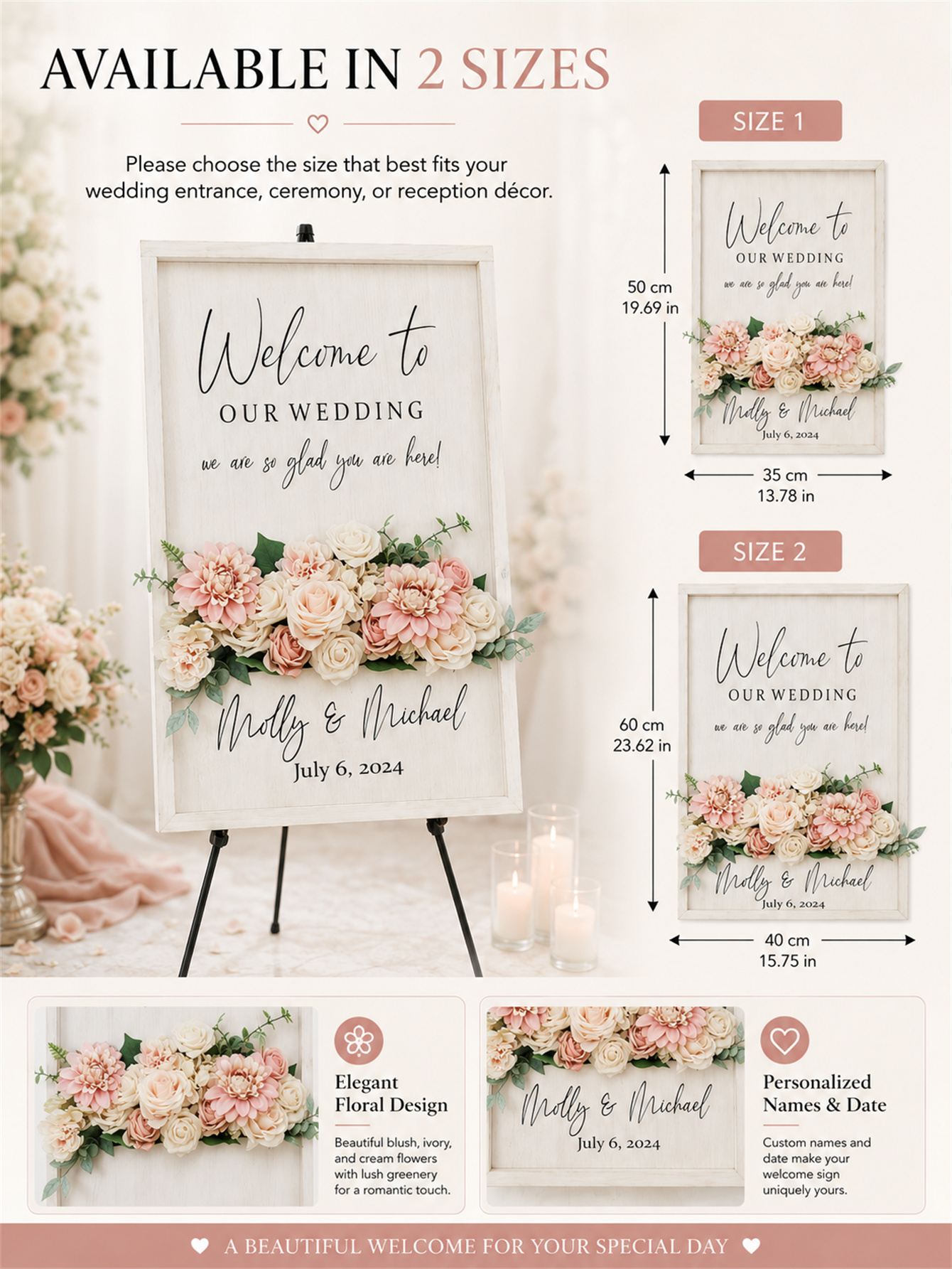 Wooden wedding welcome signs and flowers, custom flower box wedding signs, simple wedding entrance decorations, personalized name and date signs, ceremony reception
